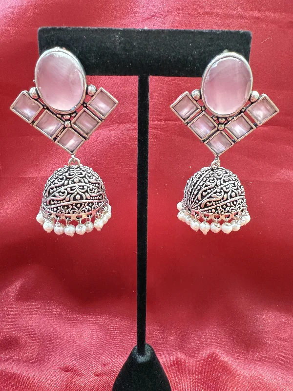 Alluring Light Pink Stone Jhumka  Designer Oxidized Earrings For Women