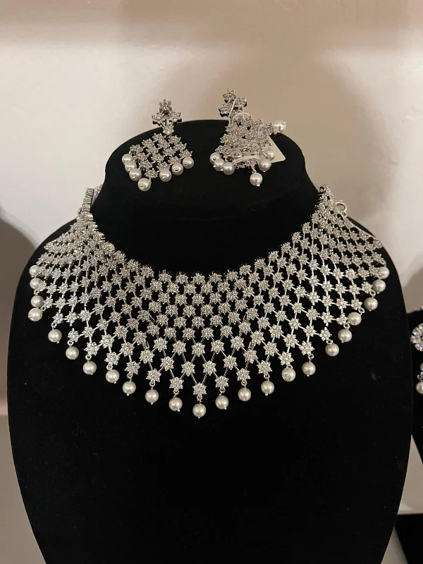 Elegant American Diamond White Stoned Necklace With Earrings Sets