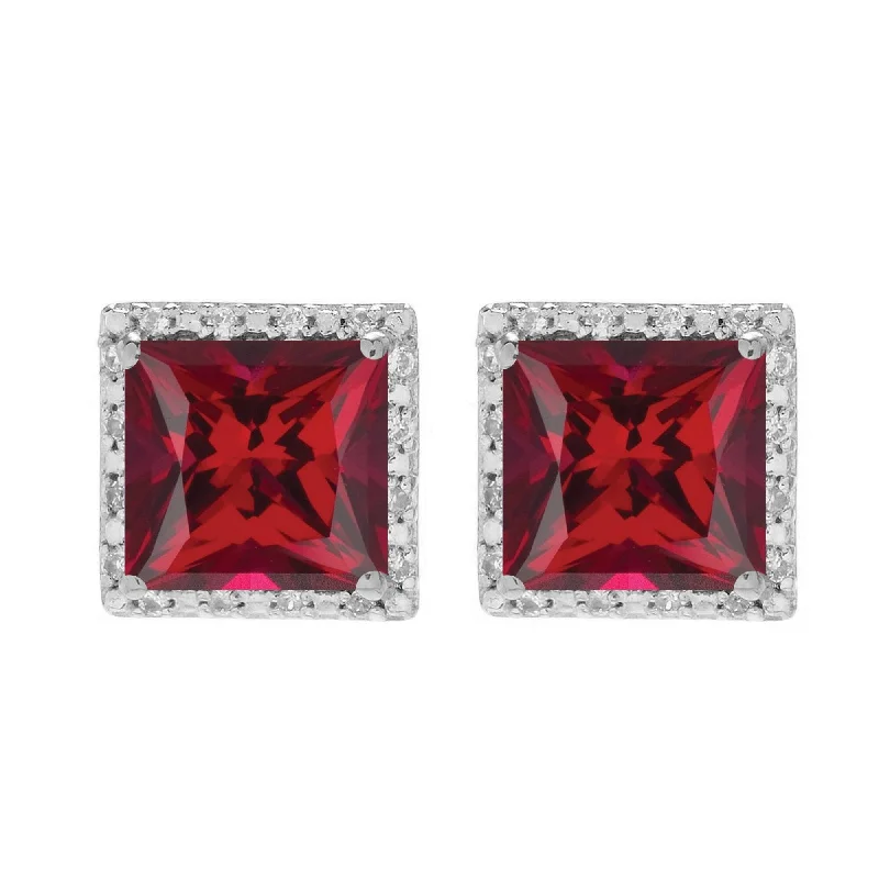 Sterling Silver with Ruby and White Topaz Halo Stud Earring