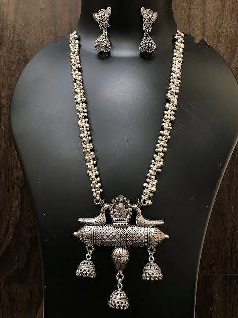 Gorgeous Silver Color Jhumkas Design Oxidized Necklace With Earrings Sets