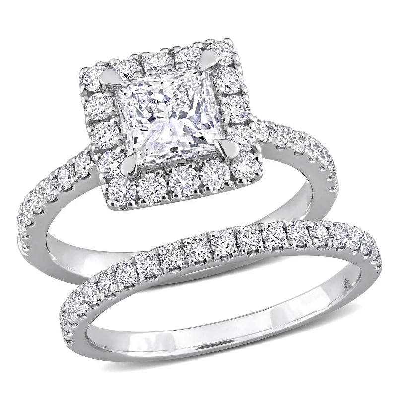 Created Forever by Miadora 2 1/3ct TW Princess Lab-Grown Diamond Halo Bridal Ring Set in 14k White Gold