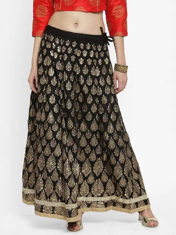 Wahe-NOOR Women's Black Printed Embellished Flared Skirt