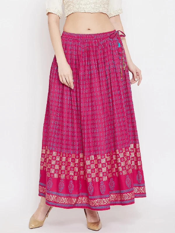 Wahe-NOOR Women's Magenta Printed Rayon Skirt