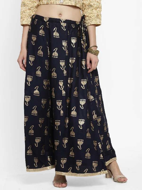 Wahe-NOOR Women's Navy Blue Printed Maxi Skirt