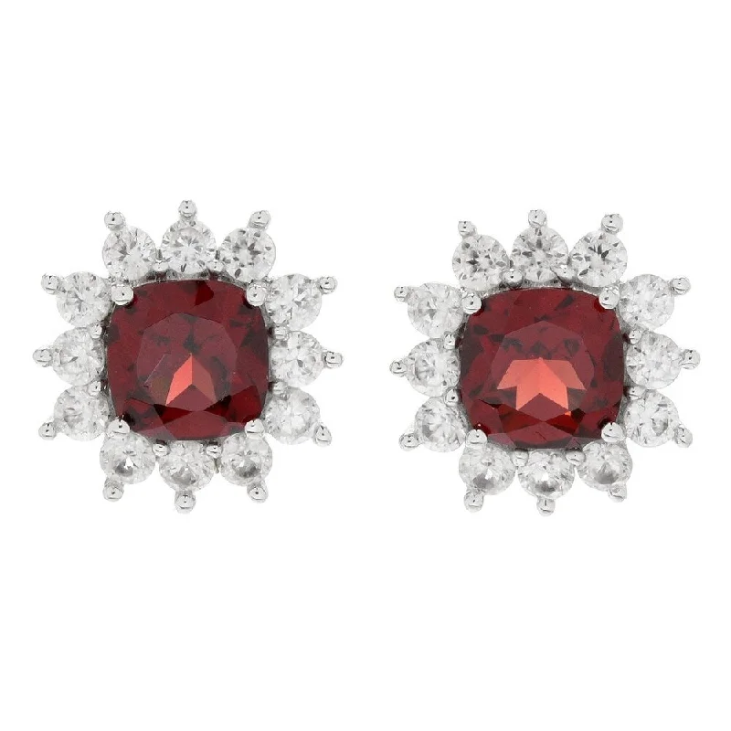 Sterling Silver with Cushion Cut Natural Garnet and White Zircon Halo Stud Earring