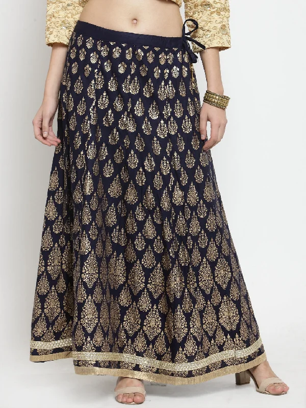 Wahe-NOOR Women's Navy Blue Printed Embellished Flared Skirt