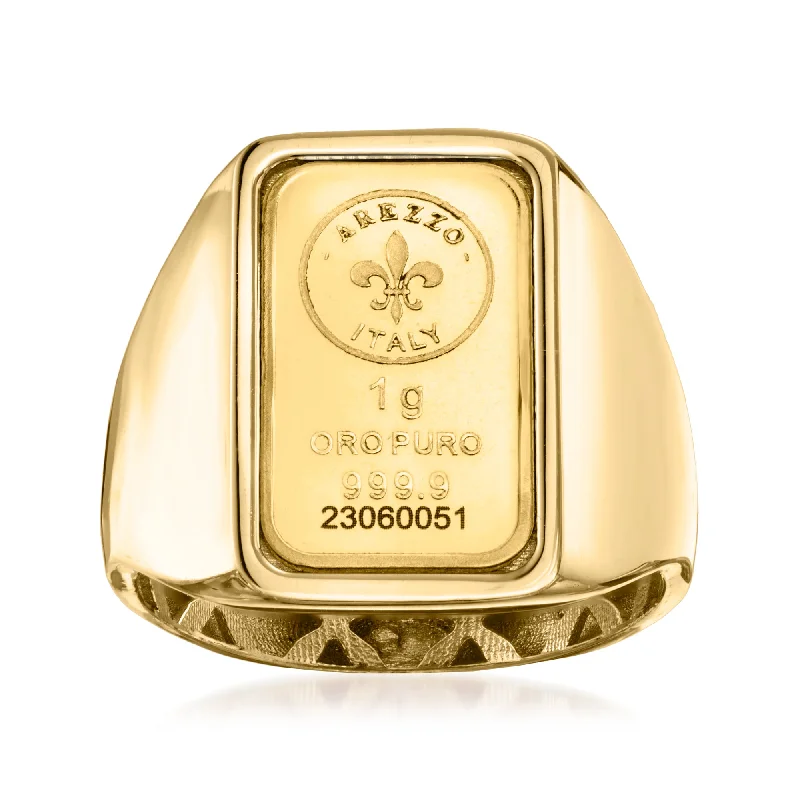 Ross-Simons Italian 24kt Gold Fleur-De-Lis 1-Gram Ingot Signet Ring With 14kt Yellow Gold Band