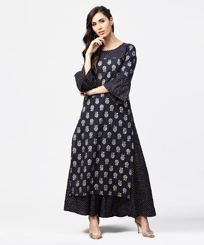 NOZ2TOZ Navy Blue 3/4Th Sleeve Cotton Kurta With Black Printed Flared Skirt