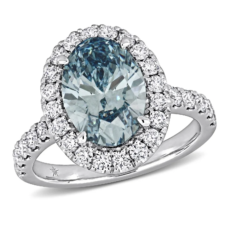 Created Forever by Miadora 4ct TW Lab Grown Blue and White Diamond Halo Ring in 14k White Gold