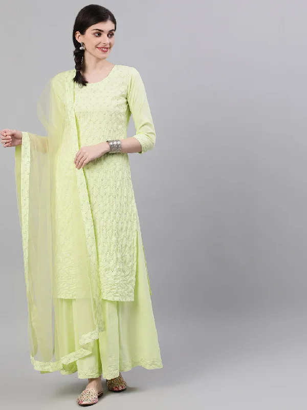 NOZ2TOZ Women Lime Yellow Three-Quarter Sleeves Straight Kurta Skirt Set With Dupatta