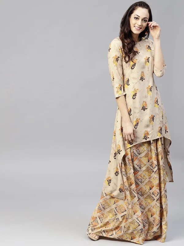 NOZ2TOZ Beige Printed 3/4Th Sleeve Cotton High-Low Kurta With Ankle Length Skirt