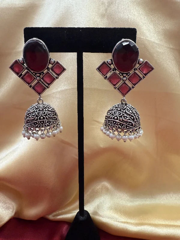 Alluring  Maroon Stone Jhumka  Designer Oxidized Earrings For Women