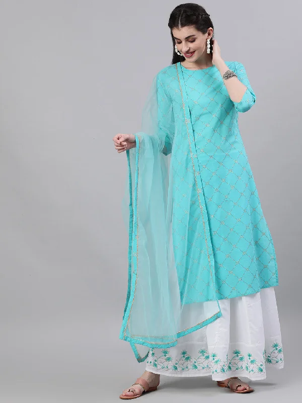 NOZ2TOZ Women SkyBlue Three-Quarter Sleeves Straight Kurta Skirt Set With Dupatta