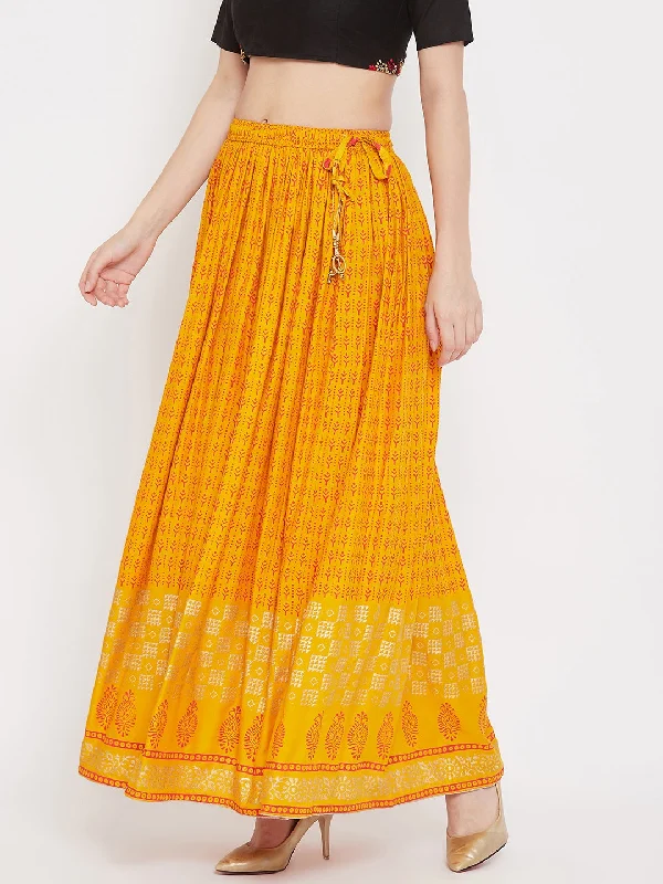 Wahe-NOOR Women's Mustard Printed Rayon Skirt