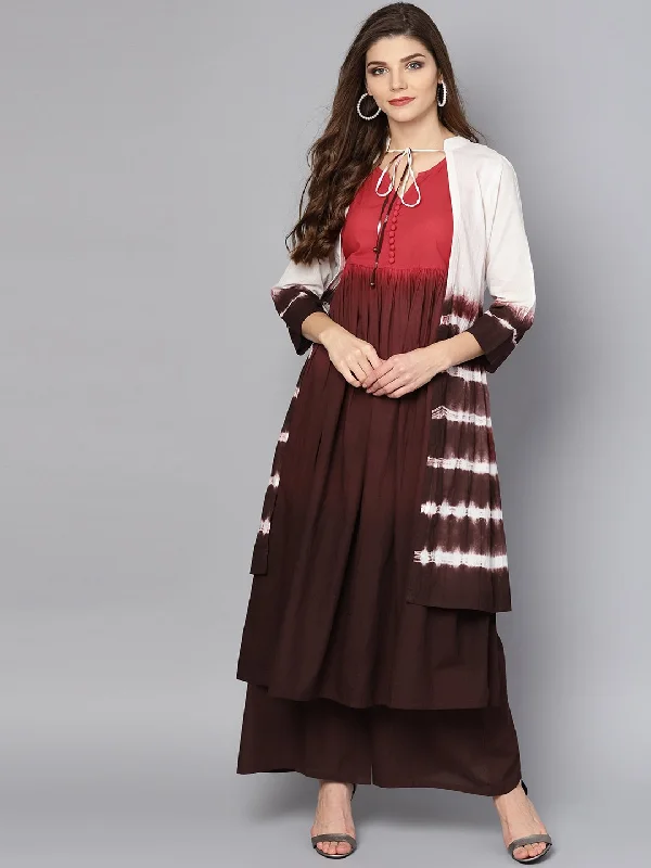 NOZ2TOZ Multi Color Omree Dyed 3/4Th Sleeve Cotton Kurta With Ankle Length Skirt & White Jacket