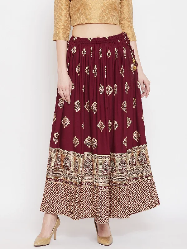 Wahe-NOOR Women's Maroon Flared Printed Maxi Skirt