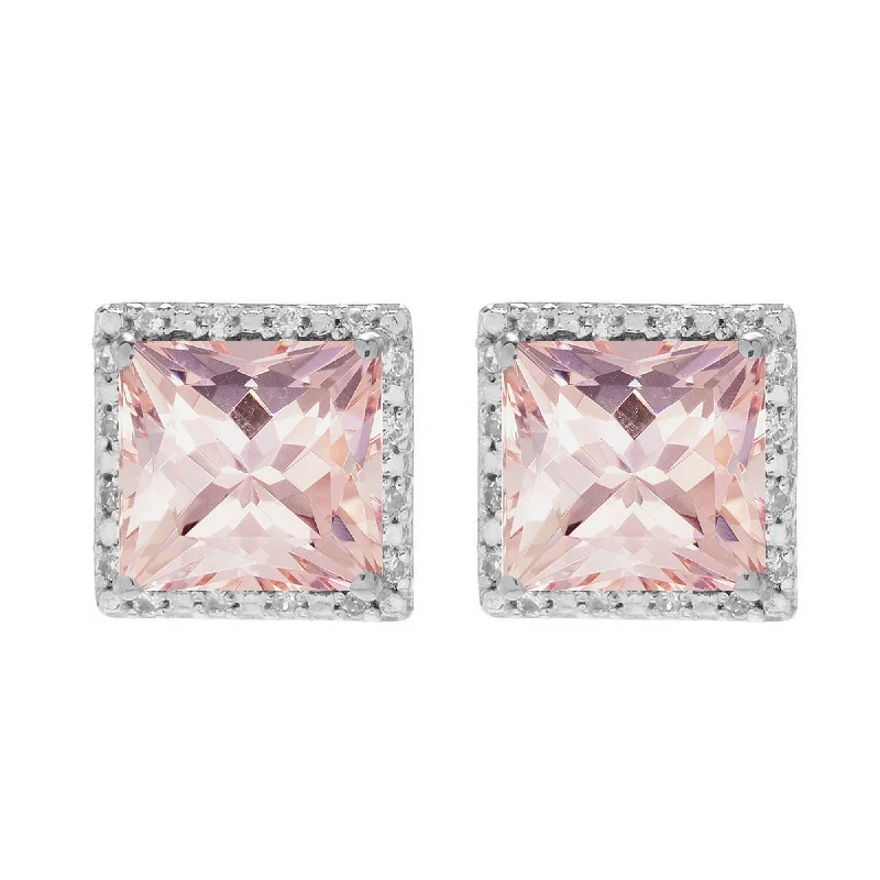 Sterling Silver with Morganite and White Topaz Halo Stud Earring