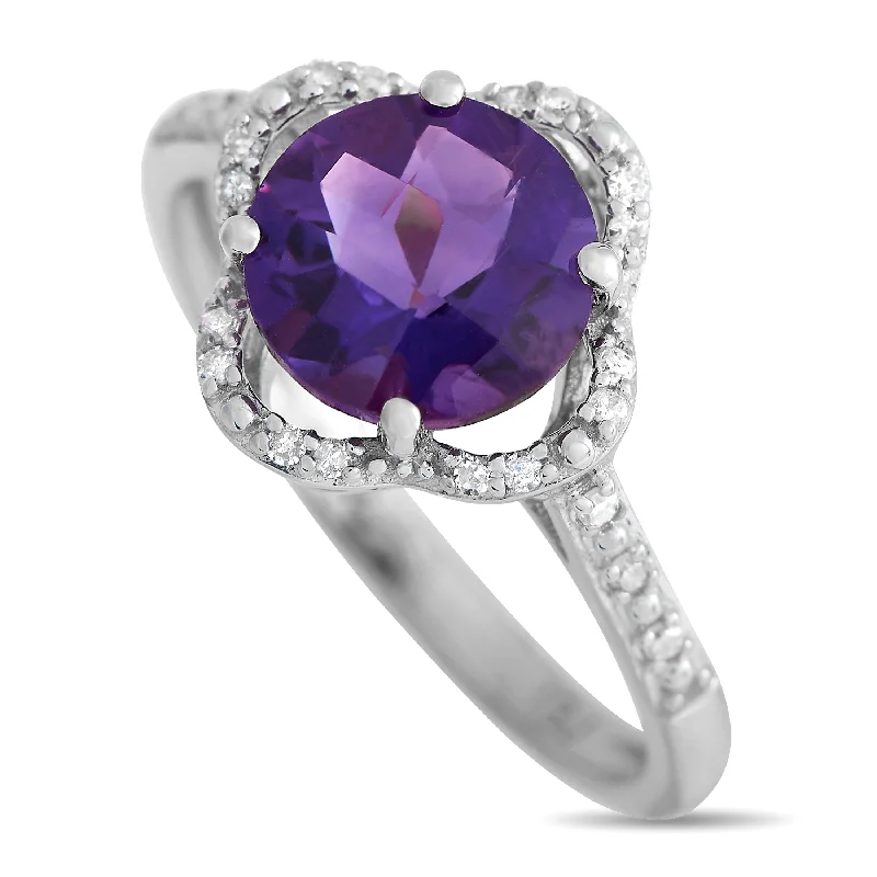 LB Exclusive 14K White Gold 0.10ct Diamond and Amethyst Quatrefoil Ring RC4-11976WAM