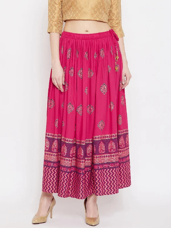 Wahe-NOOR Women's Magenta Flared Printed Maxi Skirt