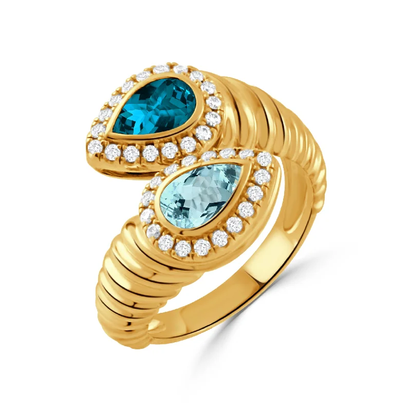 Blue Topaz & Diamond 18K Gold Ribbed Bypass Ring