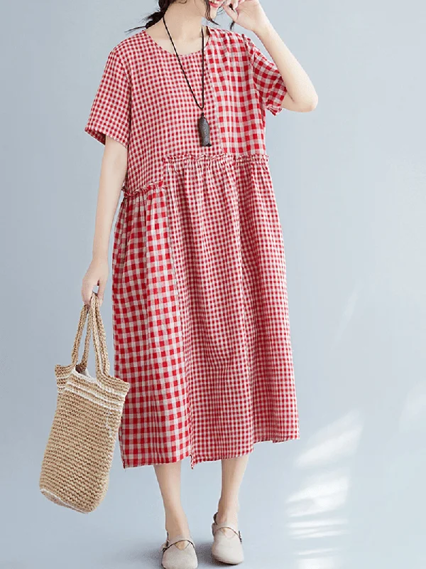 Vintage Cotton Linen Plaid Loose Dress