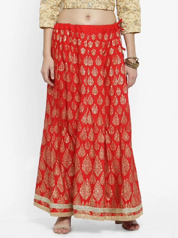 Wahe-NOOR Women's Red Printed Embellished Flared Skirt