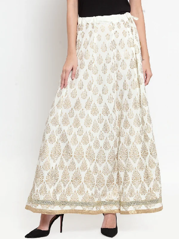 Wahe-NOOR Women's Cream Embellished Rayon Flared Skirt