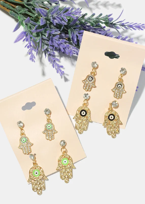 2 Pair Dangle Hamsa Hand Earrings