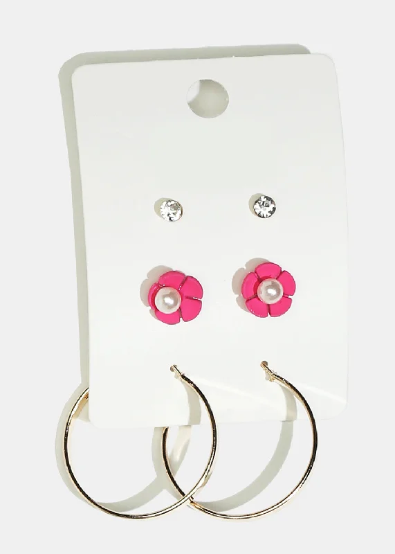 3-Pair Flower Stud & Hoop Earrings