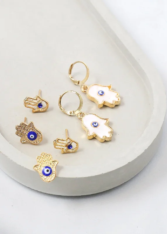 3 Pair Hamsa Hand + Evil Eye Earrings