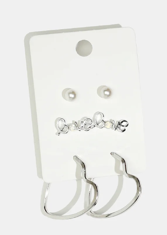 3-Pair "LOVE" & Heart Hoop Earrings