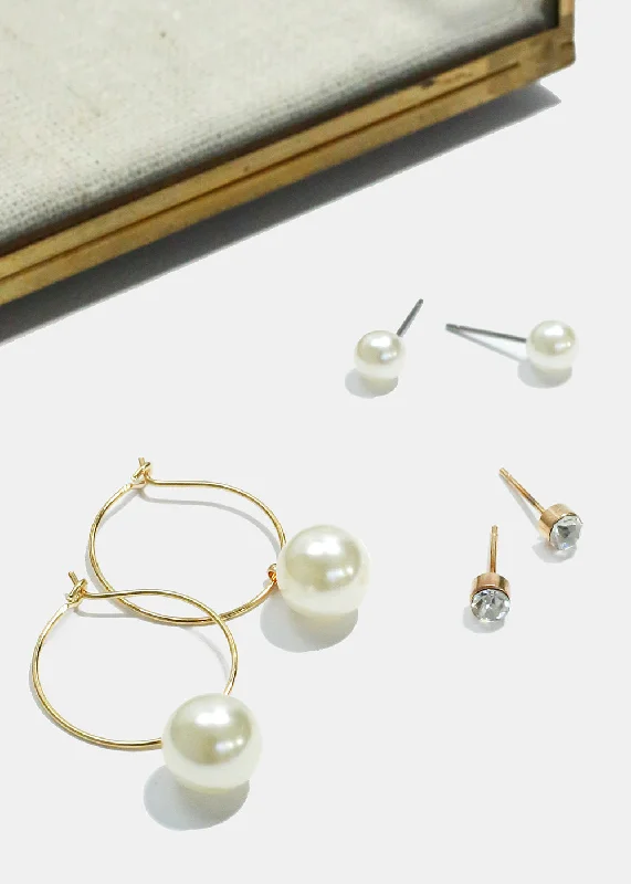 3 Pair Stud and Pearl Hoop Earrings