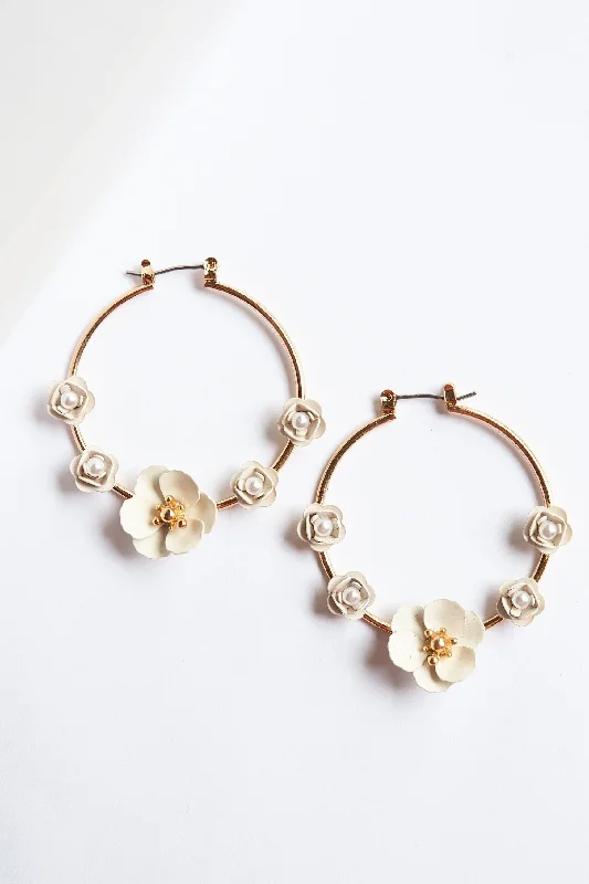 Aimee Cream Floral Hoop Earrings | Feminine Spring Summer Accessories | Special Occasion Earrings