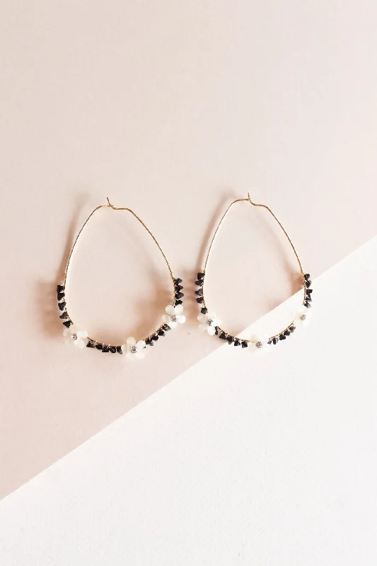 Alexa Flowered Teardrop Hoop | Black and White Delicate Earring