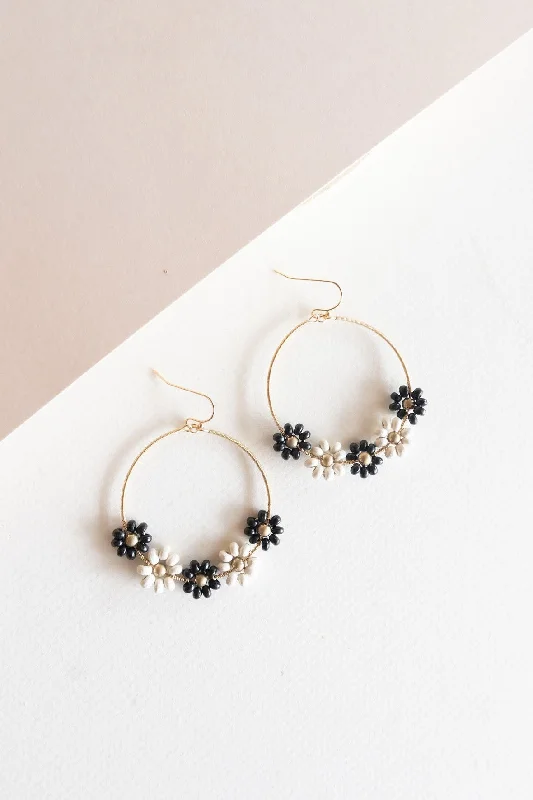 Avril Beaded Flower Hoop | Black and White beads on Gold Coiled Hoop