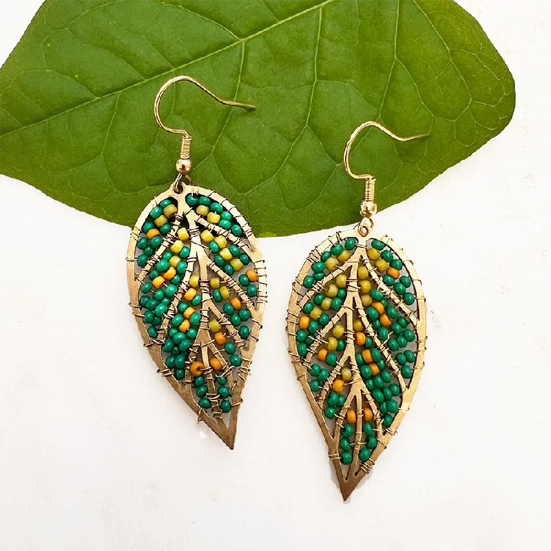 Beaded Leaf Earrings - Green, Guatemala