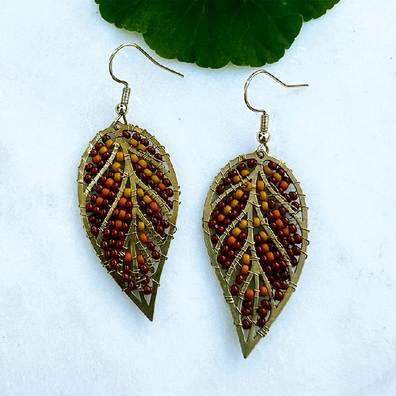 Beaded Leaf Earrings - Autumn, Guatemala