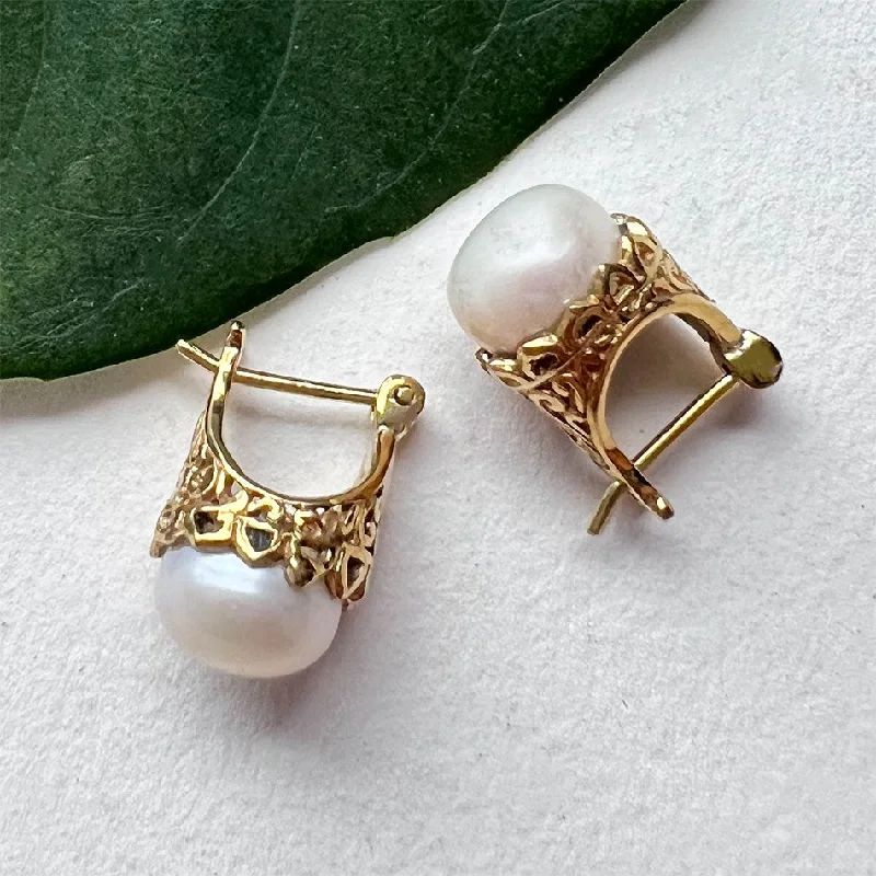 Filigree Pearl Earrings - Brass , Indonesia