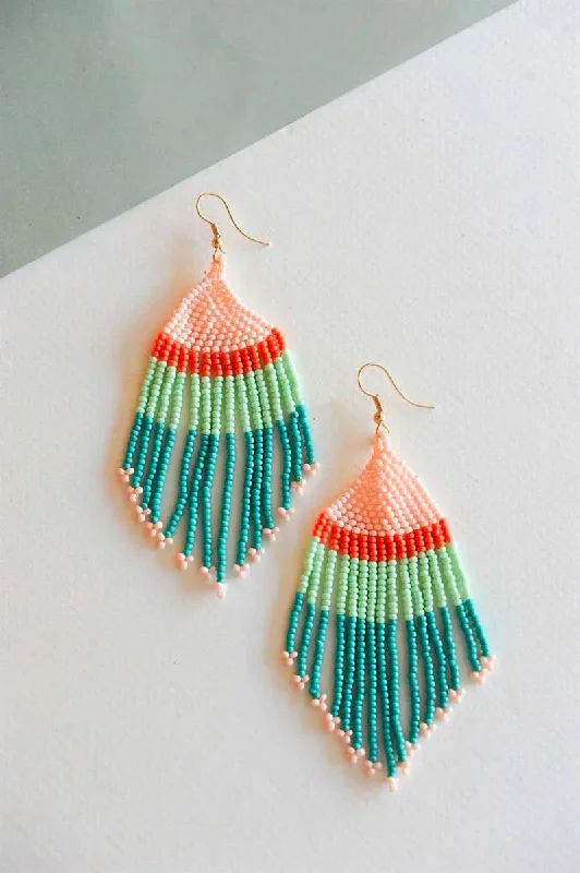 Helena Coral and Mint Fringe Beaded Drop Dangle Earrings