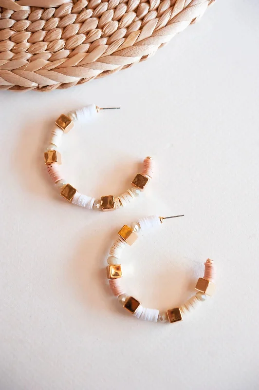 Kennedy Ivory and Blush Shell Bead Hoop Earrings