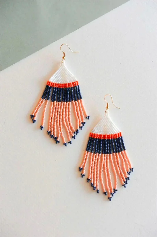 Kora Coral and Navy Fringe Beaded Drop Dangle Earrings