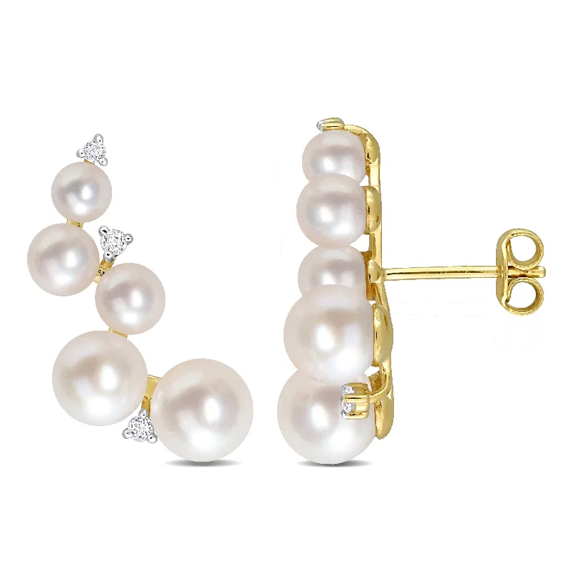 Miadora Cultured Freshwater Pearl and 1/4ct TGW White Topaz Climber Earrings in Yellow Silver