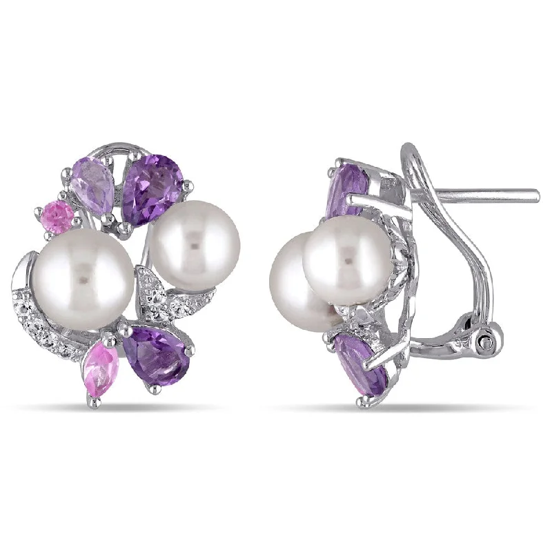 Miadora Sterling Silver Cultured Freshwater White Pearl, Sapphire, Amethyst and Rose de France Earrings (6.5-8 mm) - Purple