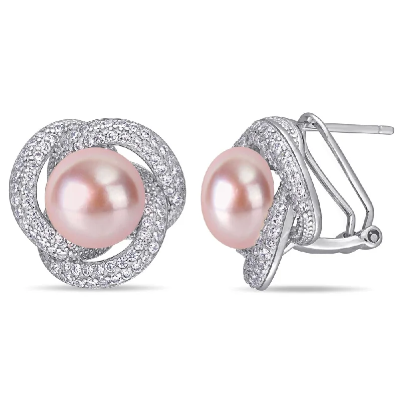 Miadora Sterling Silver Pink Cultured FW Pearl and CZ Swirl Halo Earrings (10-11 mm)