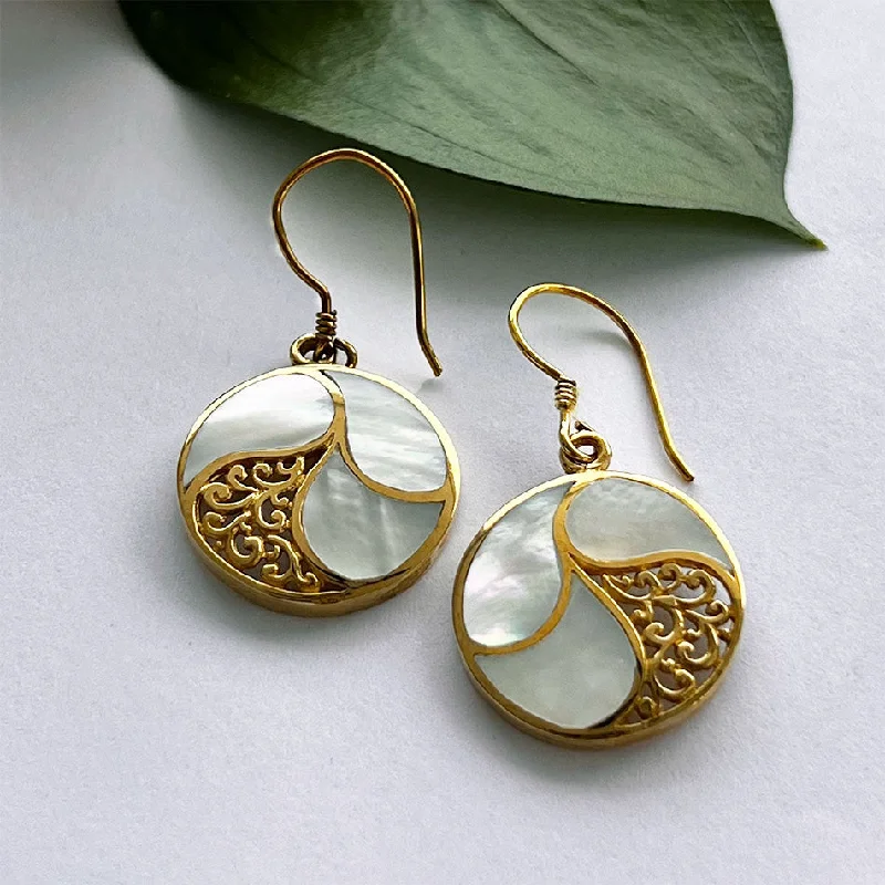 Mother-of-Pearl Filigree Earrings - Brass, Indonesia