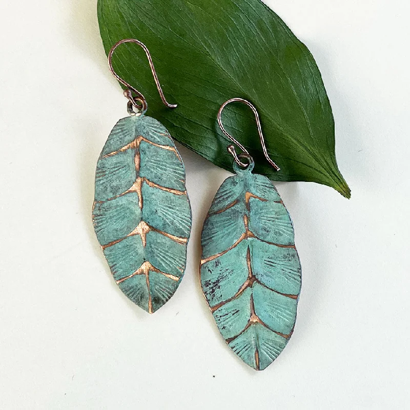 Patina Copper Leaf Earrings, India