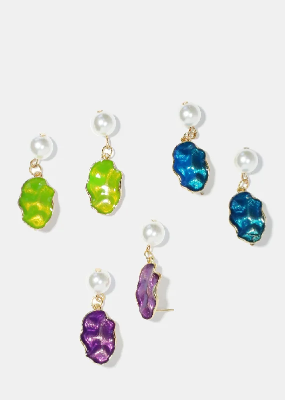 Pearl & Colorful Textured Dangle Earrings