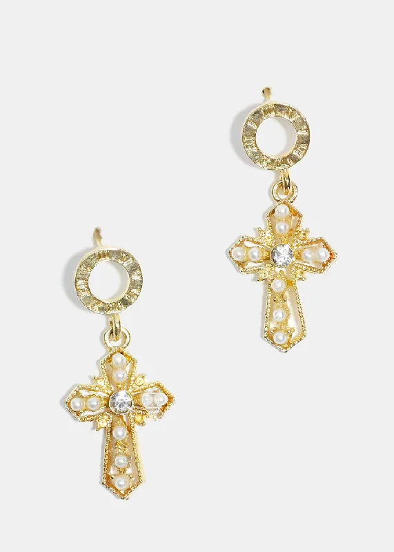 Pearl-Studded Cross Dangle Earrings