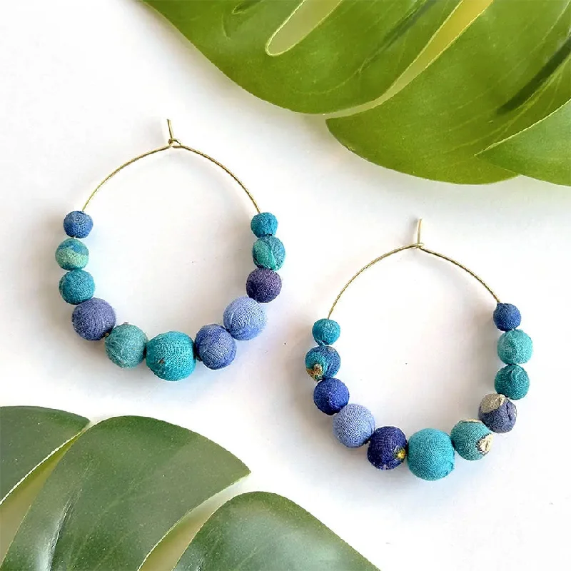 Recycled Sari Statement Hoops - Ocean, India