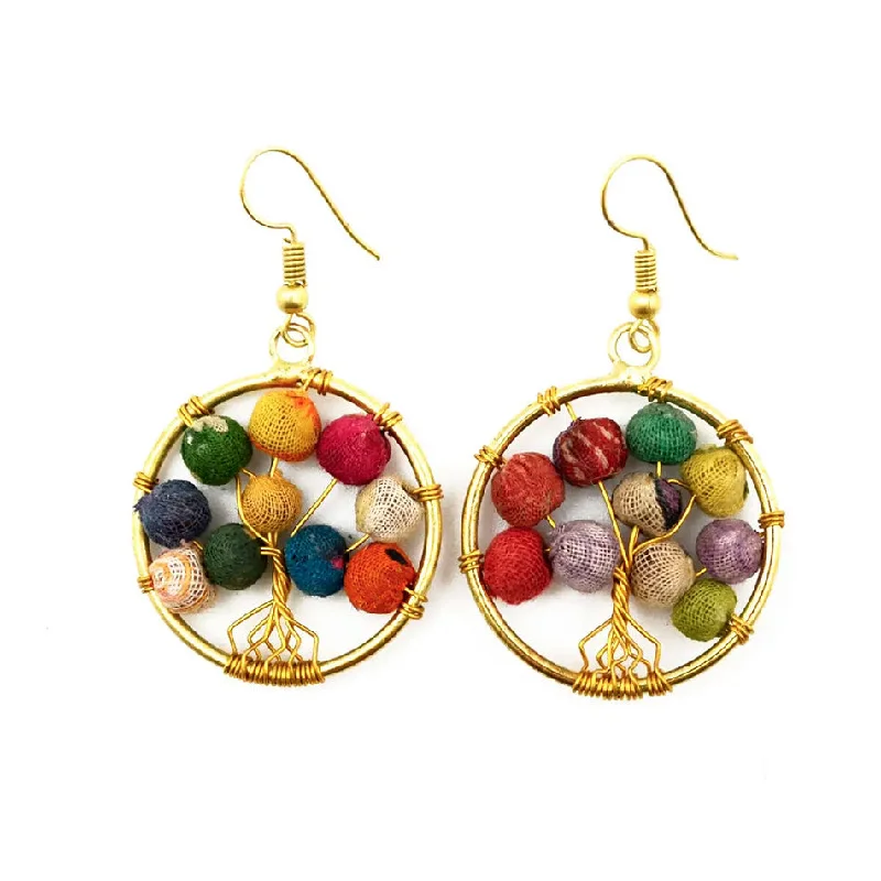 Recycled Sari Tree Of Life Earrings, India